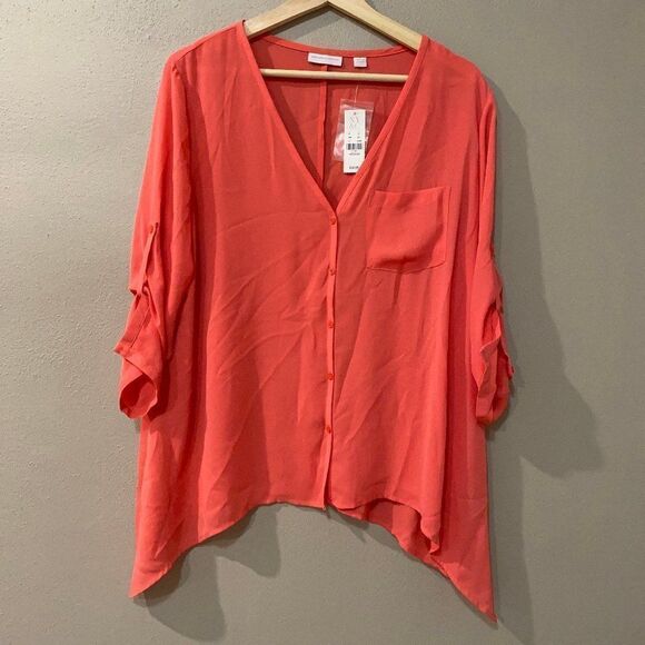 NEW YORK & COMPANY 3/4 Sleeve Sharkbite Coral Top - Picture 1 of 4